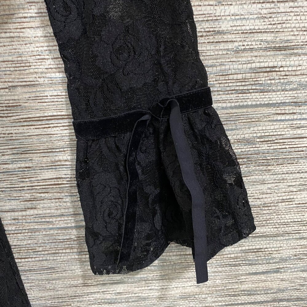 🖤Libby Edelman Lacey Black Floral Rose Pattern Dress Velvet Cuff Ties Keyhole N - Picture 3 of 6